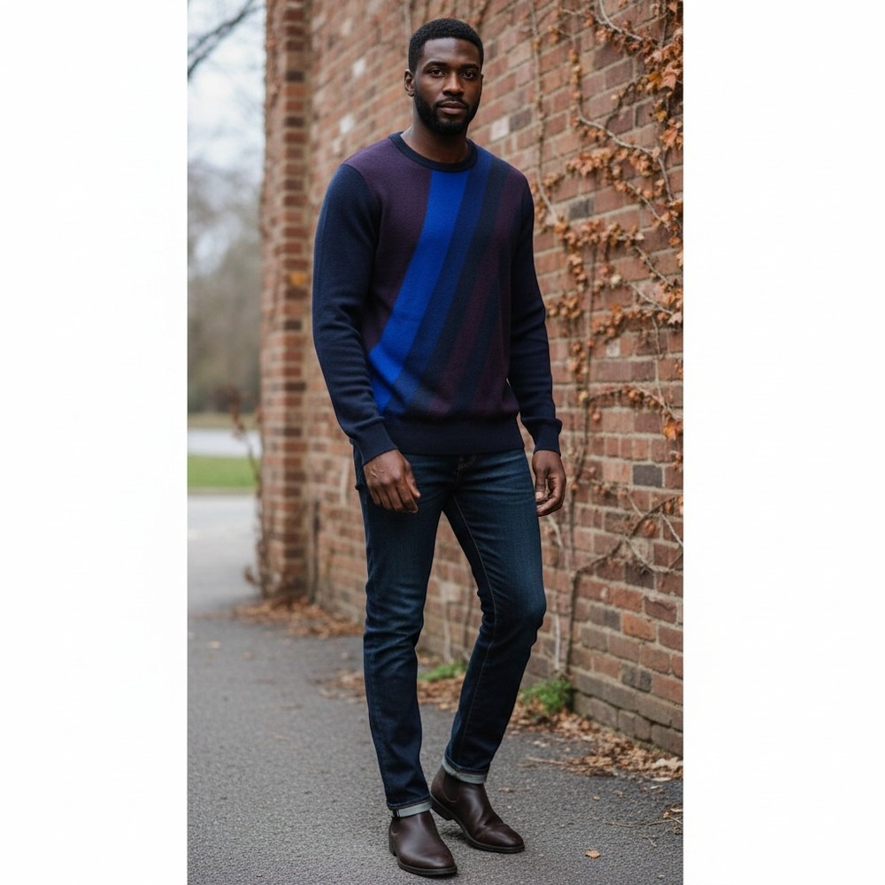 Perry Ellis Sweater Large Blue Navy Purple Excellent Diagonal Stripe Crew Neck
